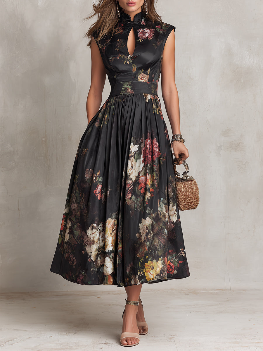 Tenley | Black Floral Satin Pleated Midi Dress