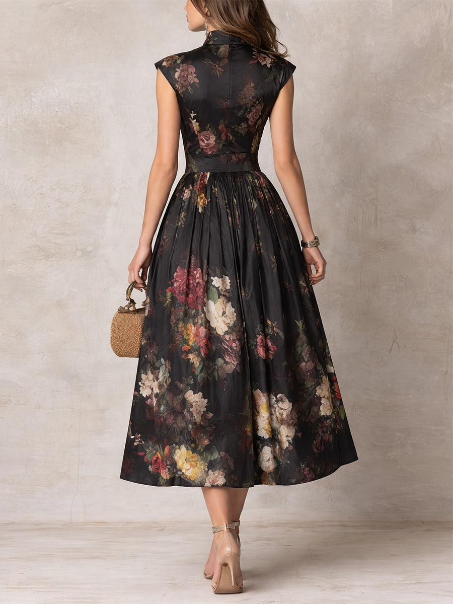 Tenley | Black Floral Satin Pleated Midi Dress