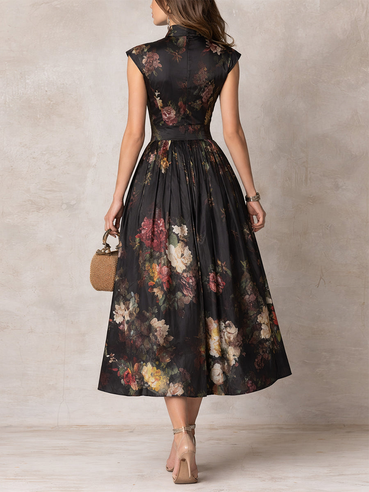Tenley | Black Floral Satin Pleated Midi Dress