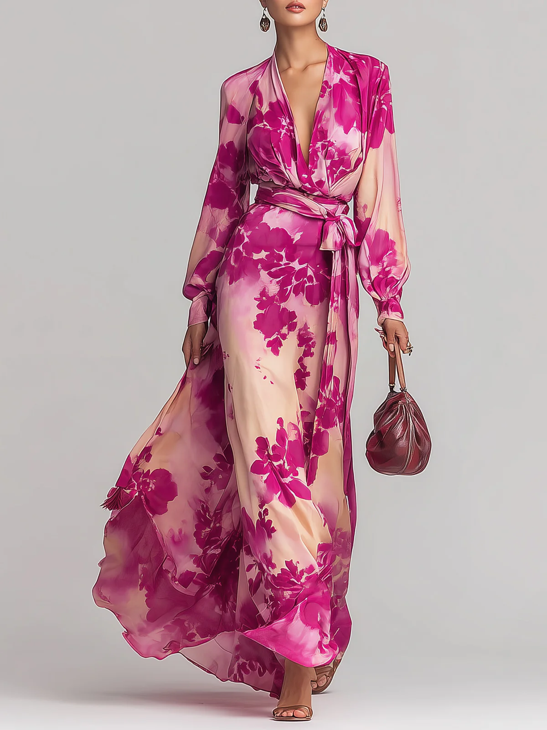 Julissa | Rose Floral V-Neck Belted Maxi Dress