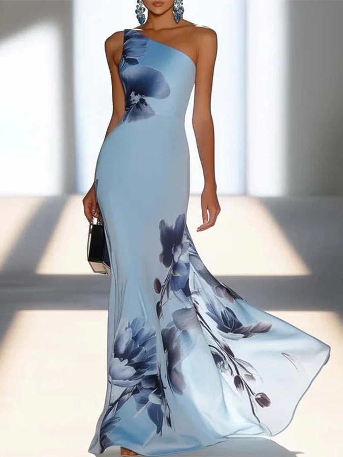 Briana | Satin Ink Print Off-Shoulder Maxi Dress