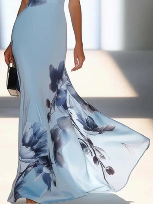 Briana | Satin Ink Print Off-Shoulder Maxi Dress