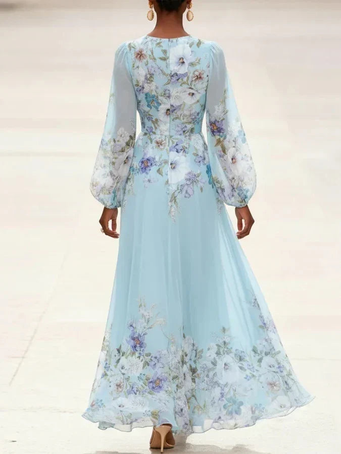 Juliette | Light Blue Floral Chiffon V-Neck Maxi Dress
