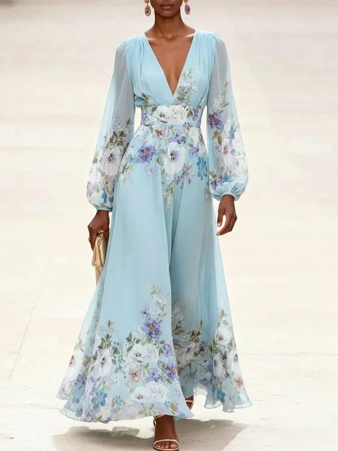 Juliette | Light Blue Floral Chiffon V-Neck Maxi Dress