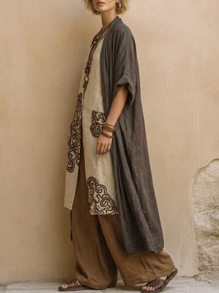Margaret | Dark Gray & Brown Tribal Print Three-Piece Set