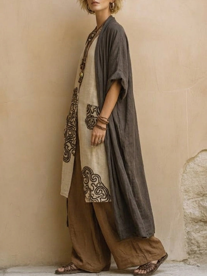 Margaret | Dark Gray & Brown Tribal Print Three-Piece Set