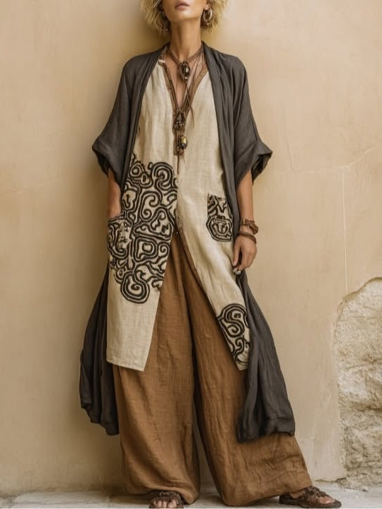 Margaret | Dark Gray & Brown Tribal Print Three-Piece Set