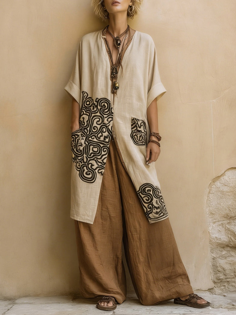 Margaret | Dark Gray & Brown Tribal Print Three-Piece Set