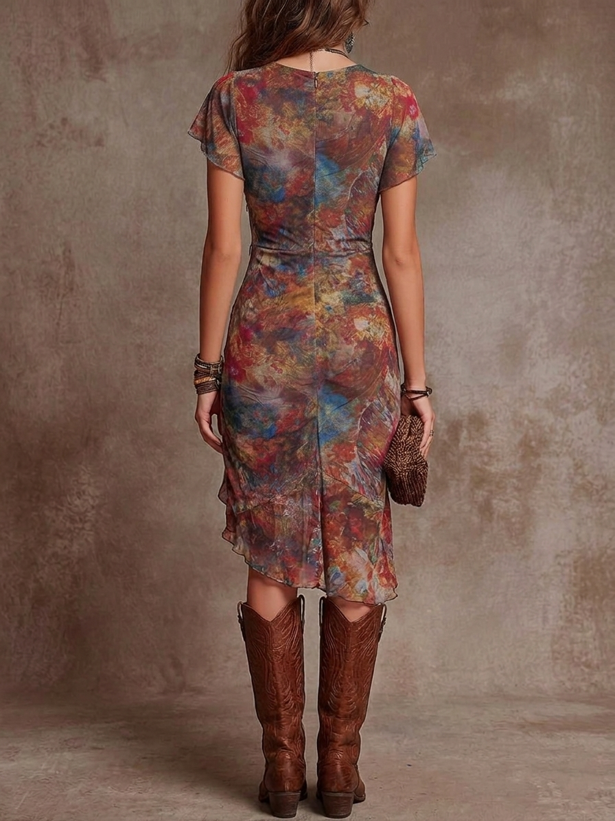 Valencia | Bohemian Abstract V-Neck Pleated Midi Dress