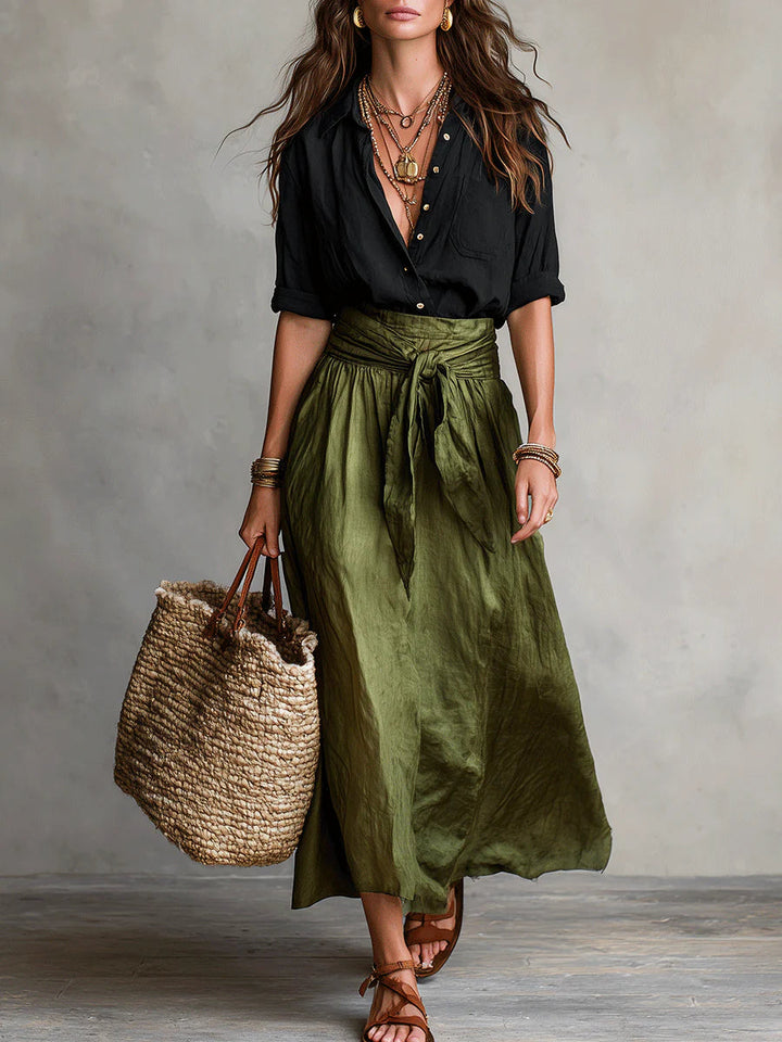 Grace | Black Top & Olive Midi Skirt Set