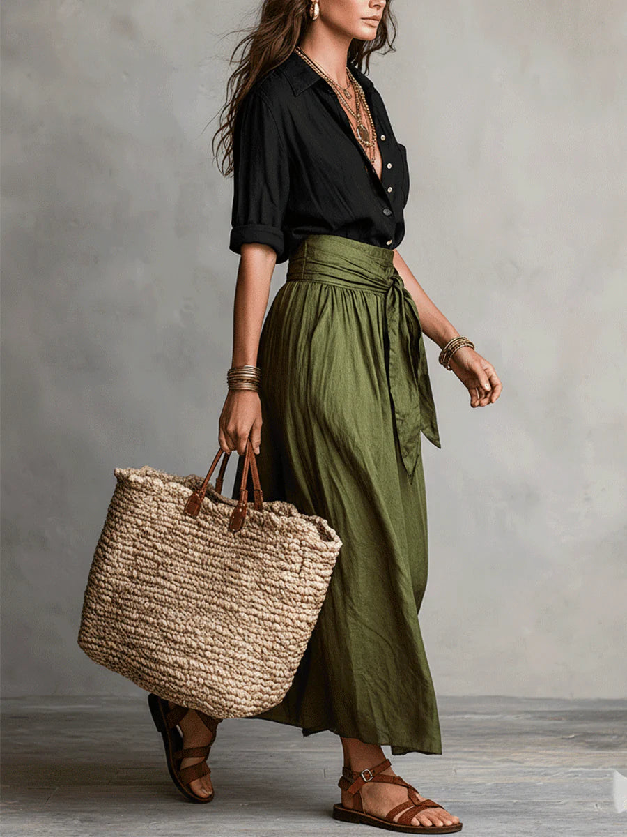 Grace | Black Top & Olive Midi Skirt Set