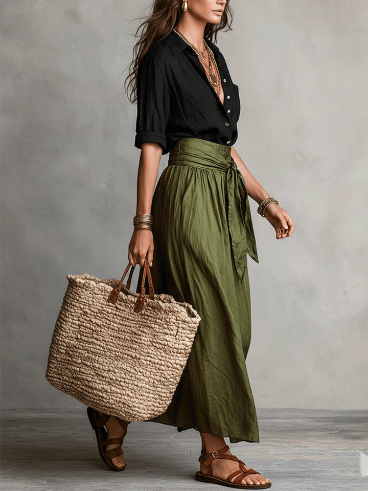 Grace | Black Top & Olive Midi Skirt Set