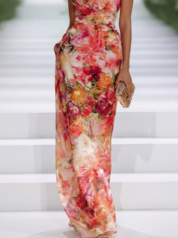 Lavinia | Red Chiffon Floral Sleeveless Maxi Dress