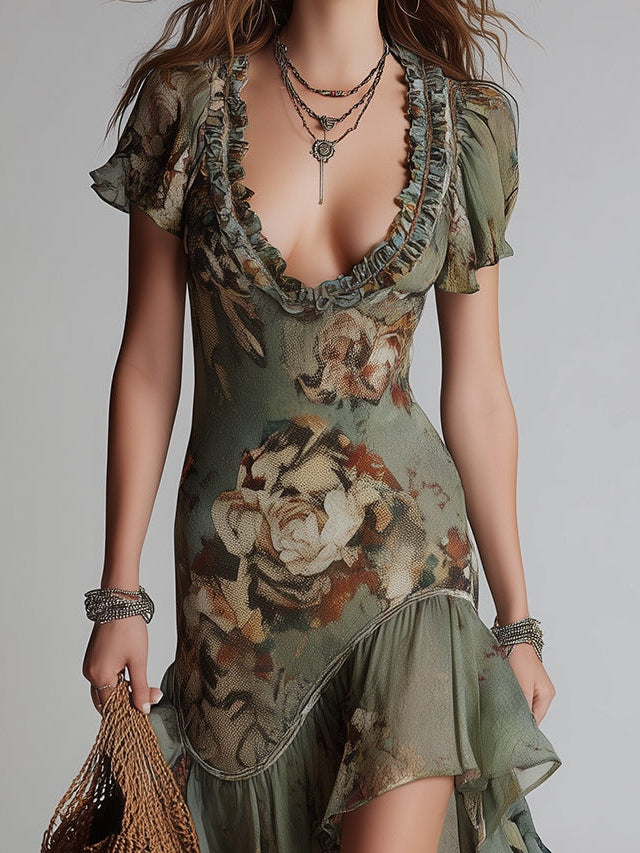 Nina | Vintage Floral Ruffle Dress
