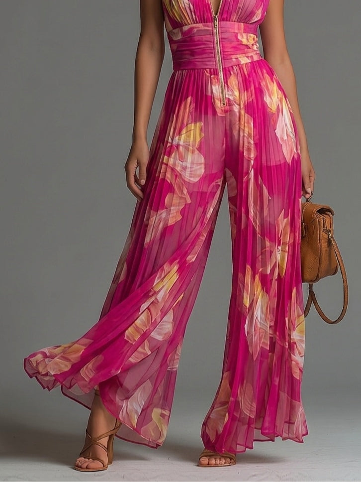 Madeline – Floral Wide-Leg Pleated Jumpsuit