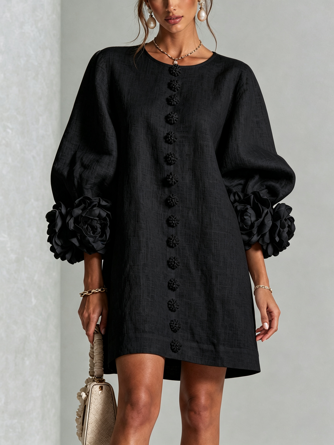 Robin – Floral Cuff Button-Front Mini Dress