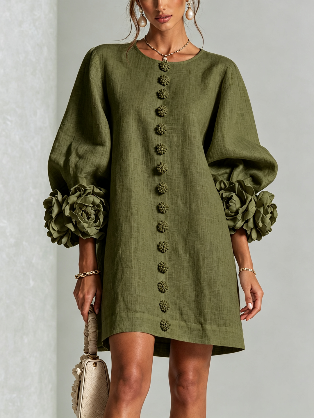 Robin – Floral Cuff Button-Front Mini Dress