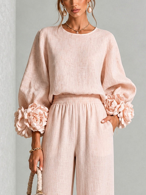 Rae – Floral Cuff Wide-Leg Two-Piece Set