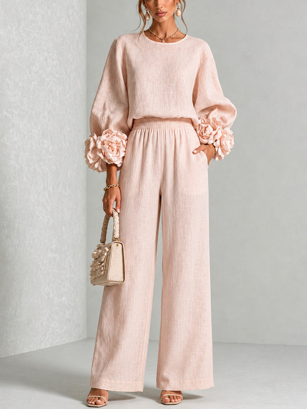 Rae – Floral Cuff Wide-Leg Two-Piece Set