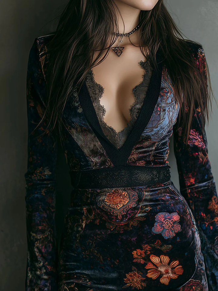 Emiline | Floral Print V-Neck Velvet Lace Trim Slim-Fit Mini Dress