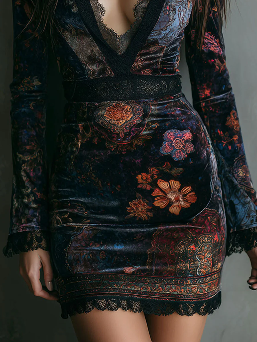 Emiline | Floral Print V-Neck Velvet Lace Trim Slim-Fit Mini Dress