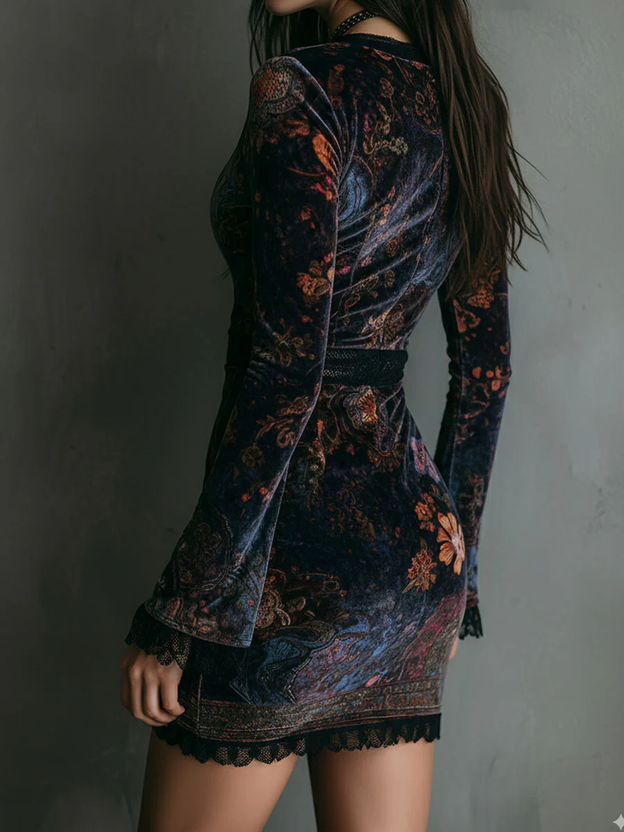 Emiline | Floral Print V-Neck Velvet Lace Trim Slim-Fit Mini Dress