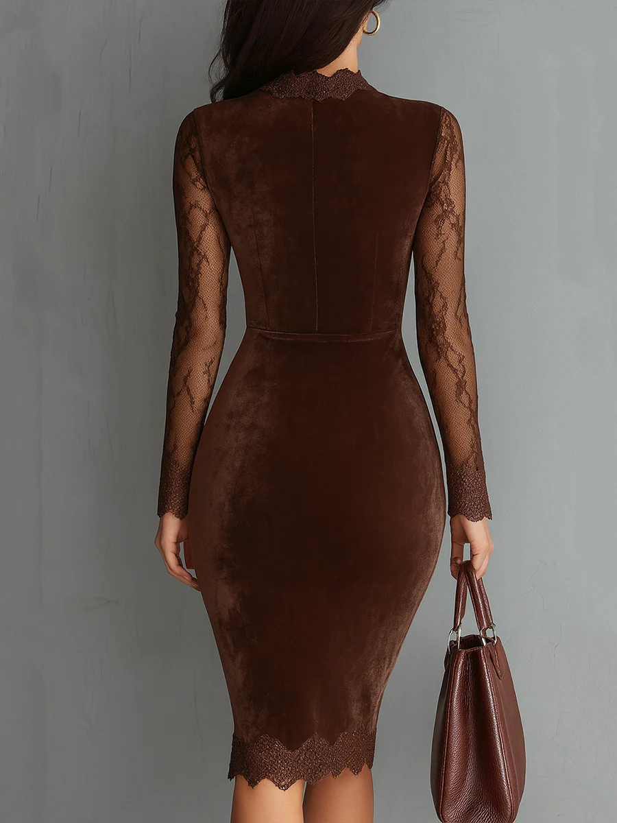 Skye | Brown Vintage Keyhole Neckline Lace Sleeve Velvet Mini Dress
