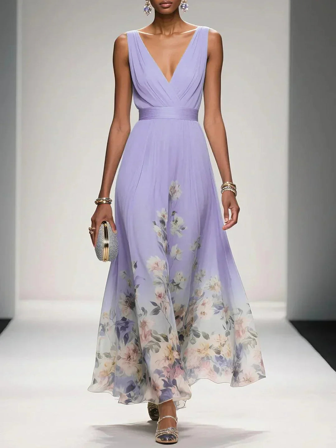 Alina | Light Blue Floral Chiffon V-Neck Maxi Dress