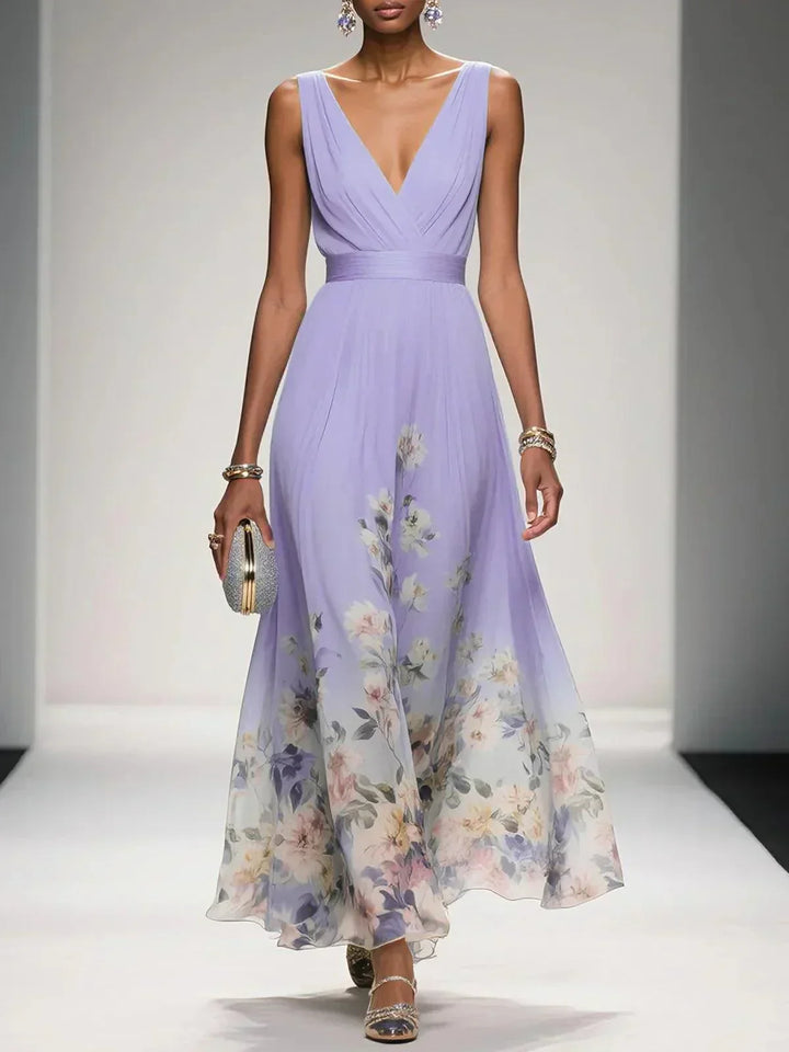 Alina | Light Blue Floral Chiffon V-Neck Maxi Dress