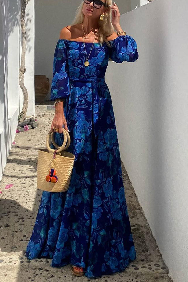Kaira | Long Floral Print Dress with Off-the-Shoulder Sleeves