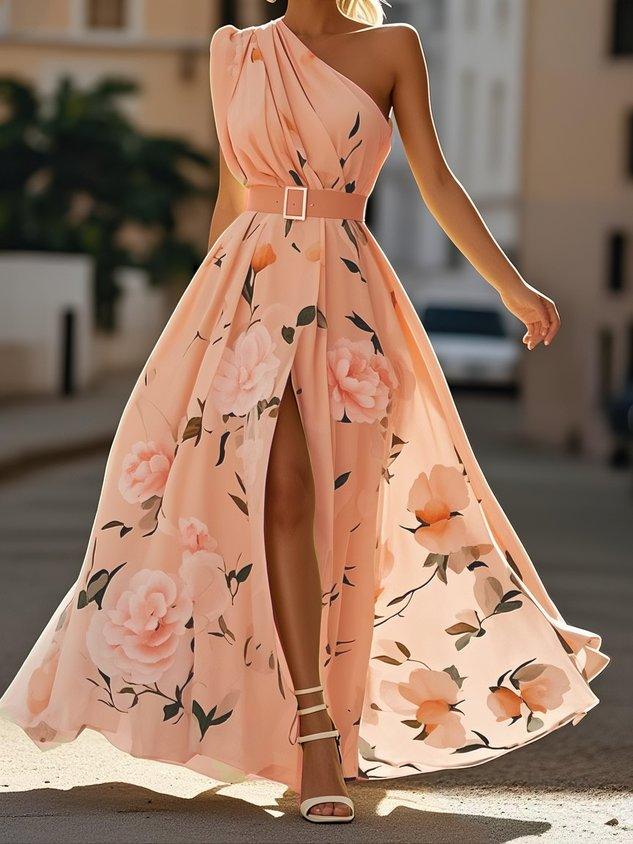 Lyla | Light Green Floral Chiffon One-Shoulder Maxi Dress