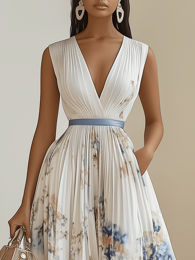 Leanna | White Floral Chiffon V-Neck Pleated Midi Dress