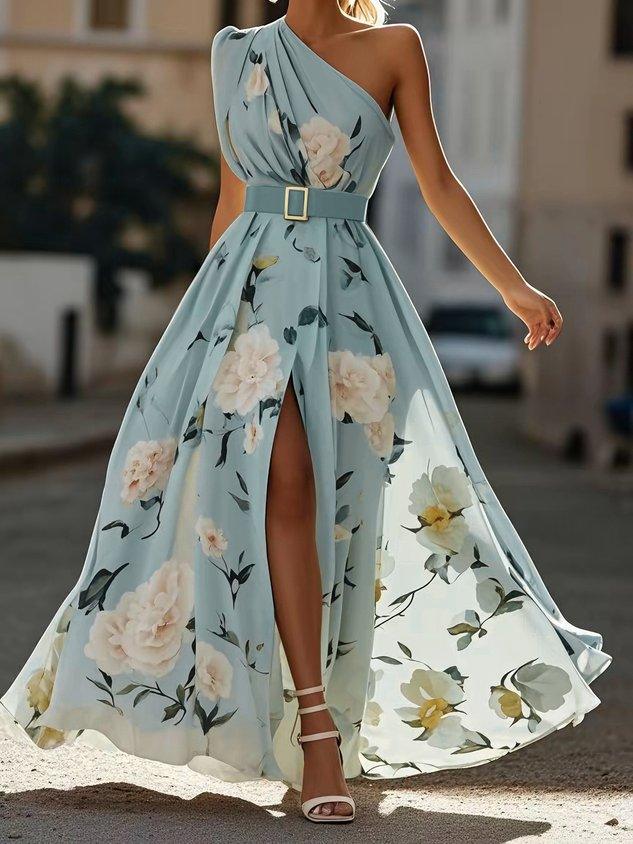 Lyla | Light Green Floral Chiffon One-Shoulder Maxi Dress