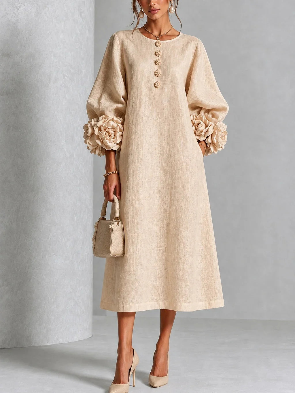 Mary – Midi Dress With Sculptural Floral Cuffs
