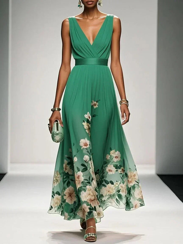 Alina | Light Blue Floral Chiffon V-Neck Maxi Dress