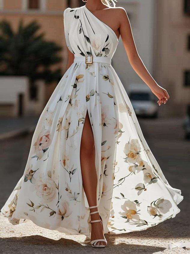 Lyla | Light Green Floral Chiffon One-Shoulder Maxi Dress