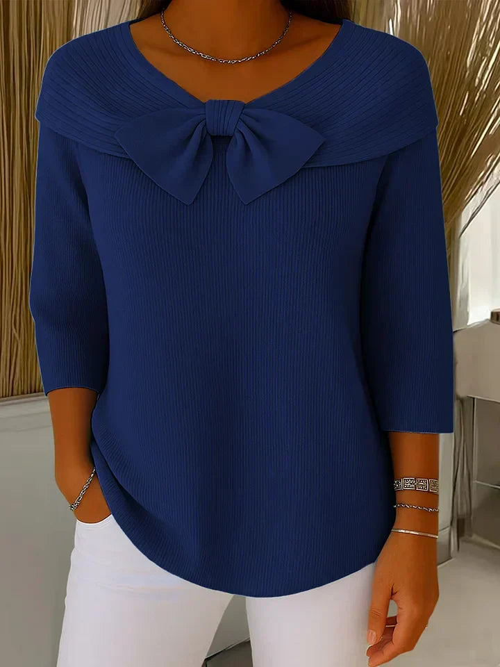 Patricia – Fitted Ribbed Knit Top with Bow Detail
