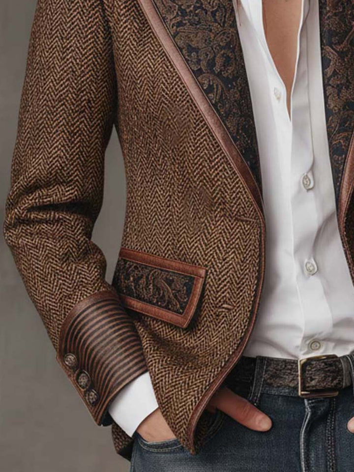 Carleen – Herringbone Blazer with Printed Panels