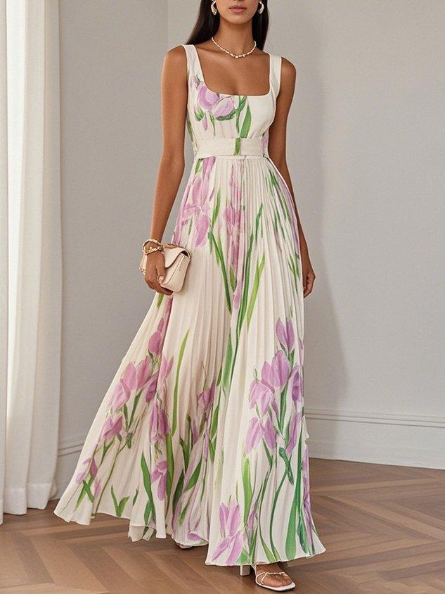 Daisy | White Pleated Floral Chiffon Maxi Dress