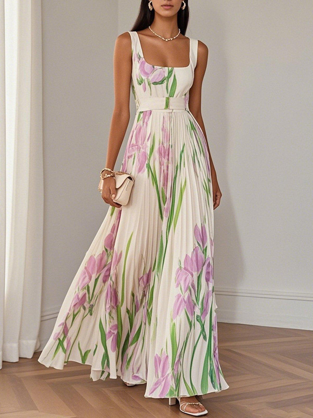 Daisy | White Pleated Floral Chiffon Maxi Dress