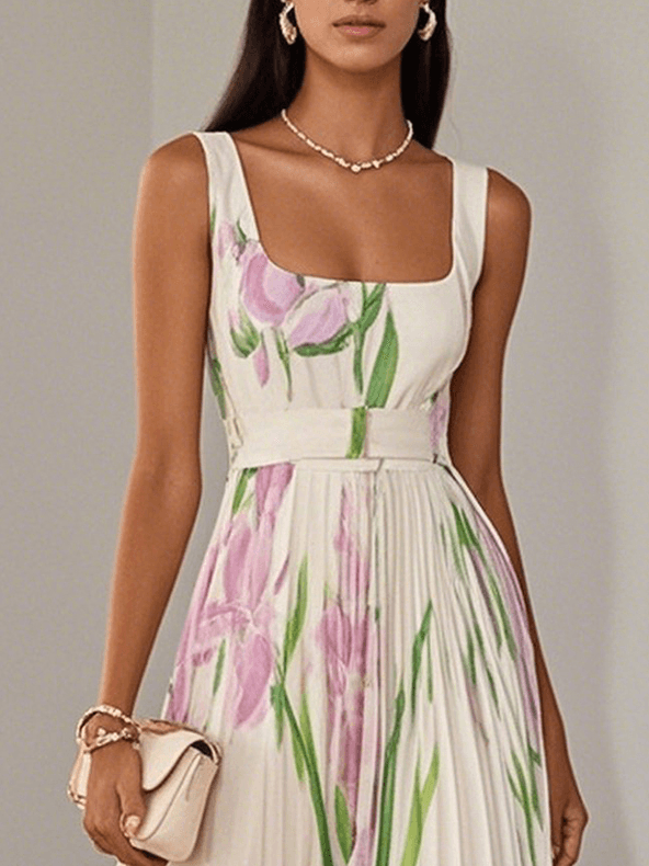 Daisy | White Pleated Floral Chiffon Maxi Dress