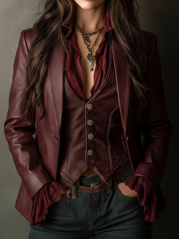 Veronica – Faux-Leather Blazer with Ruffle Detail