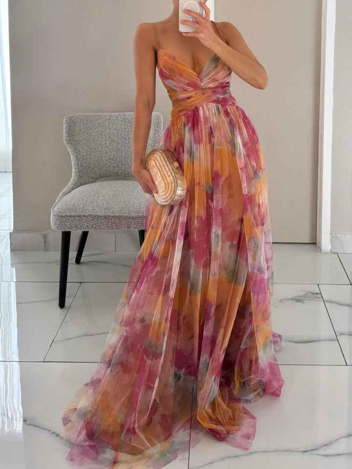 Sydnee | Painted Floral Print V-Neck Maxi Dress