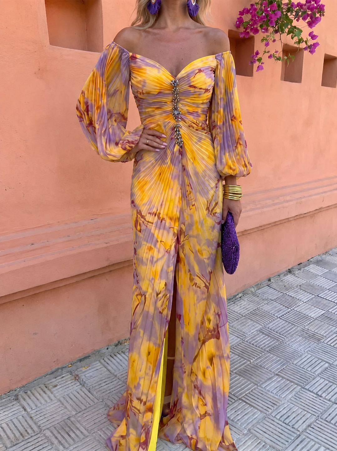 Ramona – Off-Shoulder Pleated Gown with Front Slit