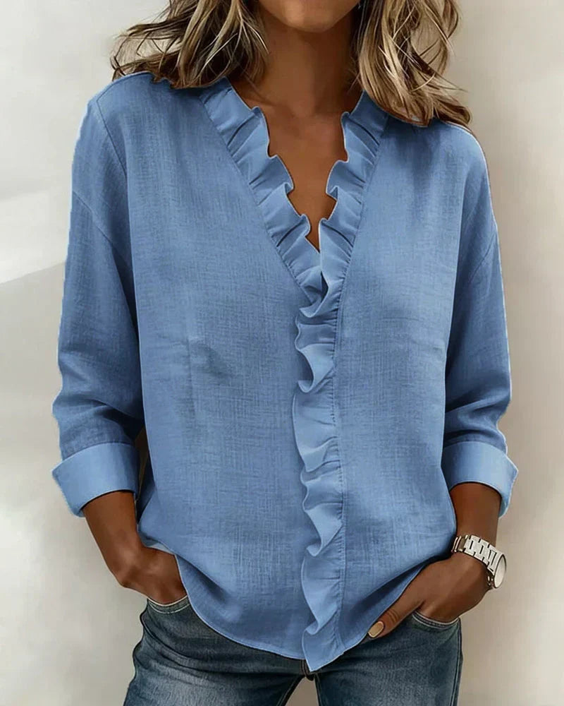 Janel | Blouse with Ruffles, V-Neck and Long Sleeves