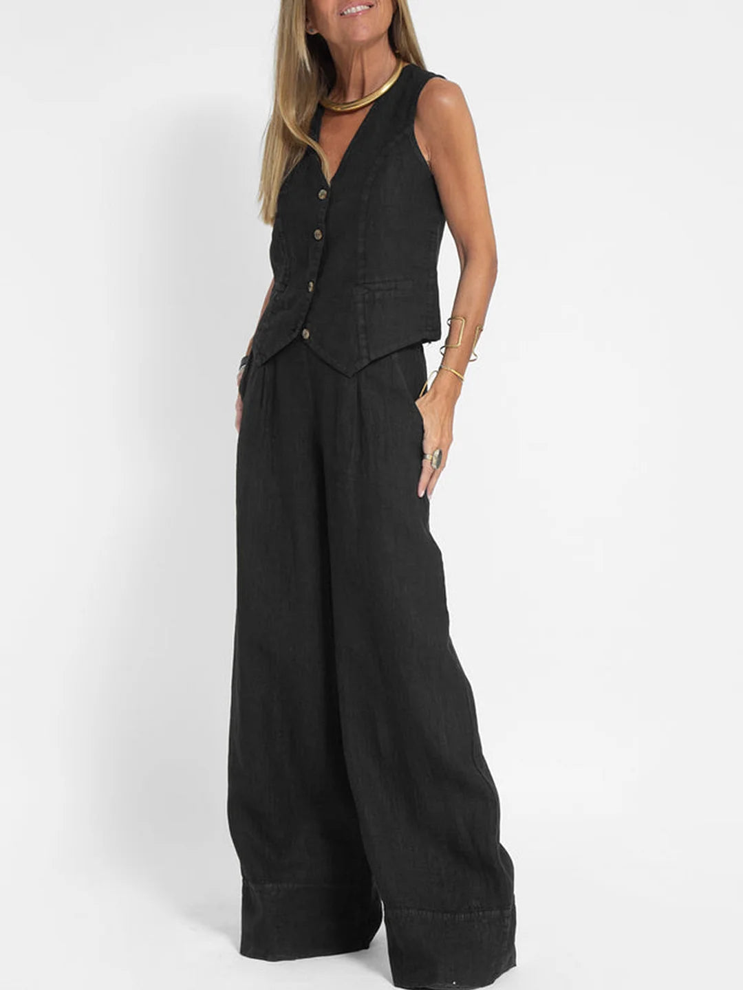 Cristina | Buttoned Vest and Wide-Leg Pants Set