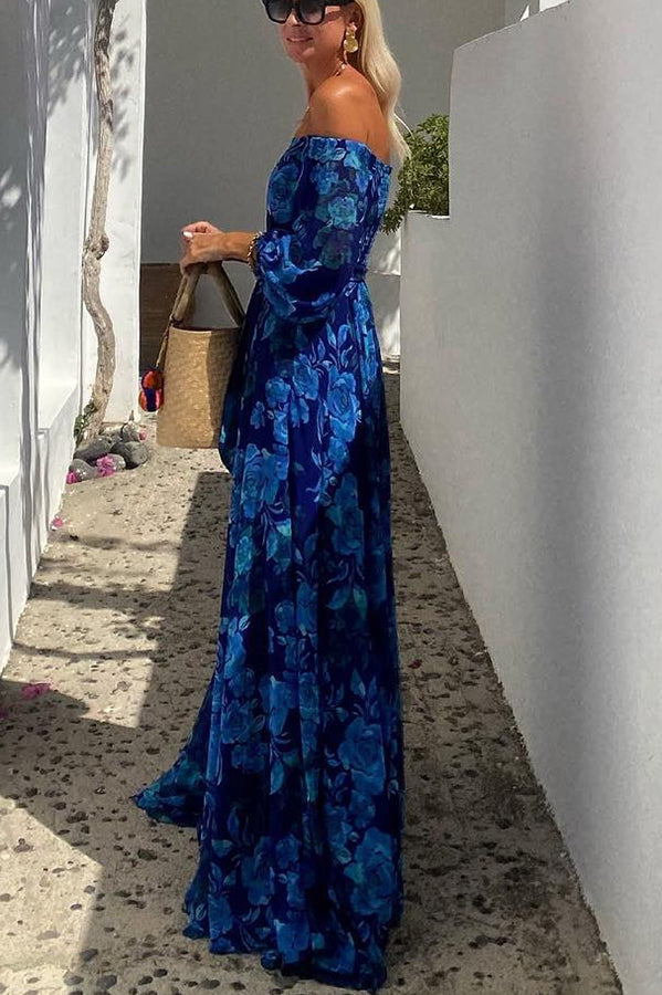 Kaira | Long Floral Print Dress with Off-the-Shoulder Sleeves
