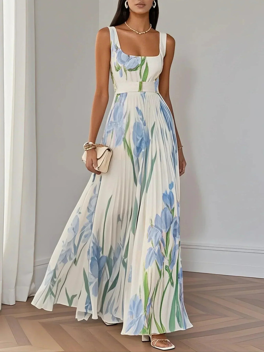 Daisy | White Pleated Floral Chiffon Maxi Dress