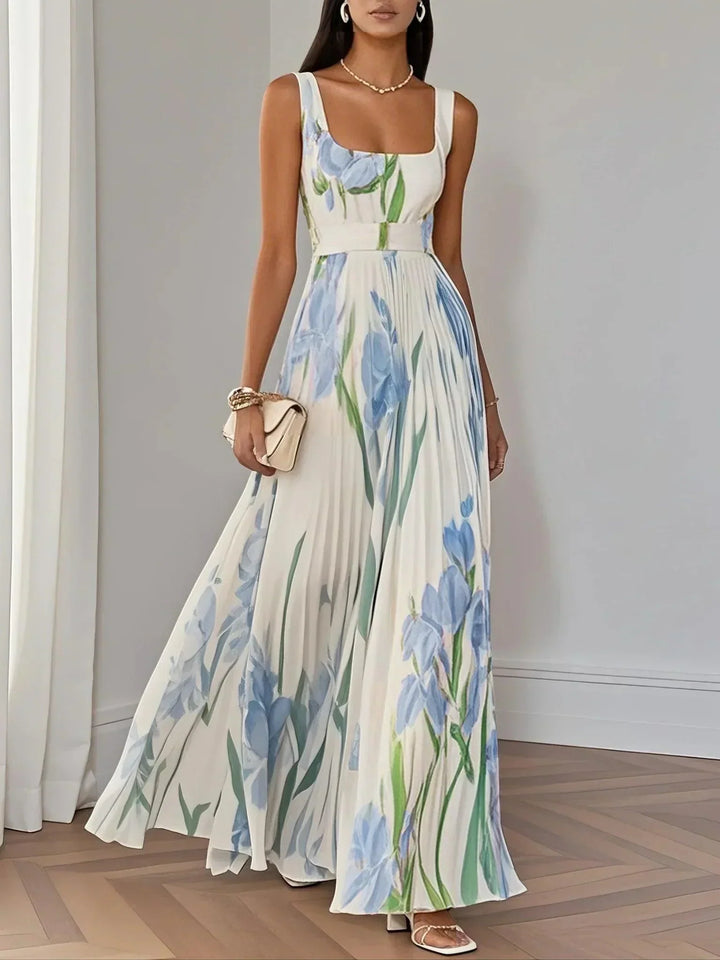 Daisy | White Pleated Floral Chiffon Maxi Dress
