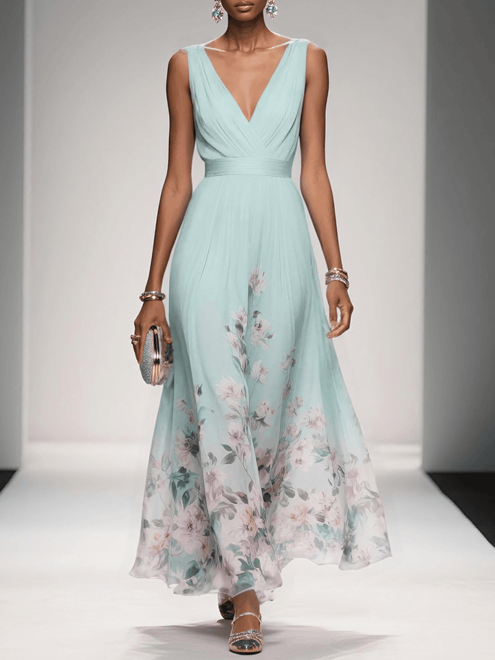 Alina | Light Blue Floral Chiffon V-Neck Maxi Dress